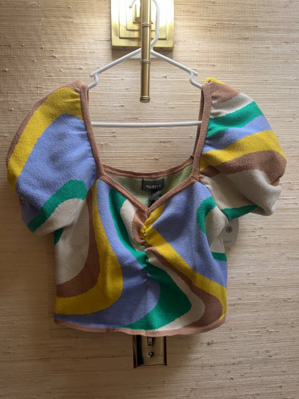 4SI3NNA Abstract Puff Sleeve Knit Sweater Top Multicolor Size Large